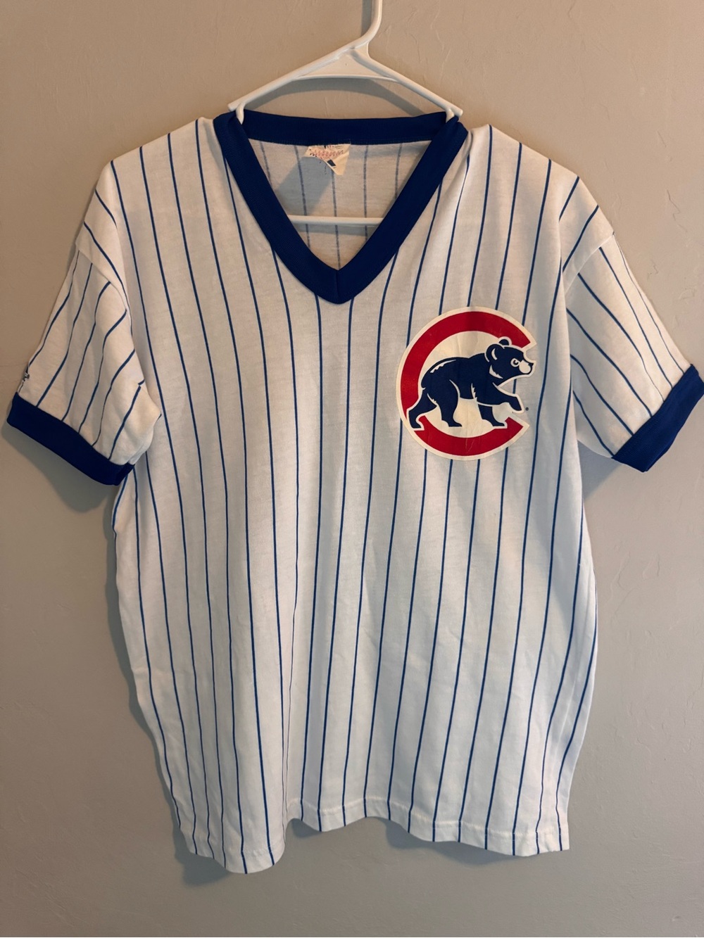 Majestic White Tee with Blue Pinstripes and Red-Blue Bear Patch